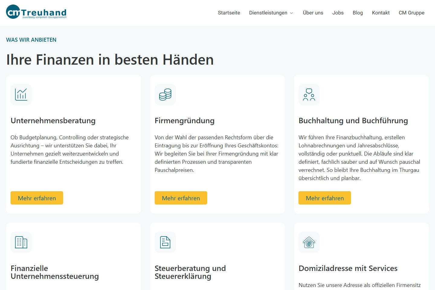 Leistungsübersicht auf der Webseite von CM Treuhand
