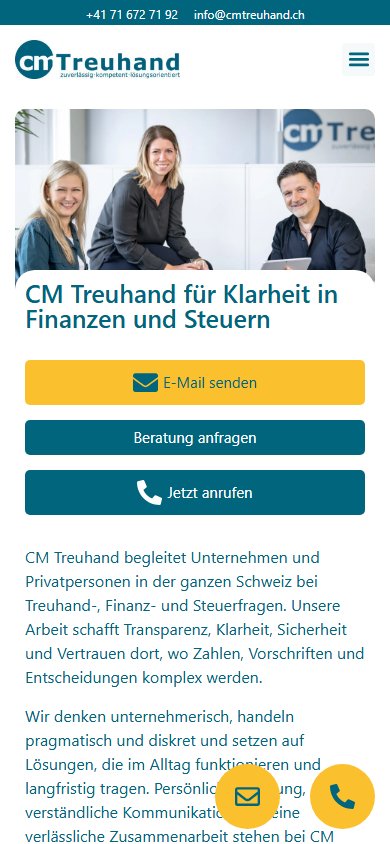 Startseite von CM Treuhand auf einem Smartphone