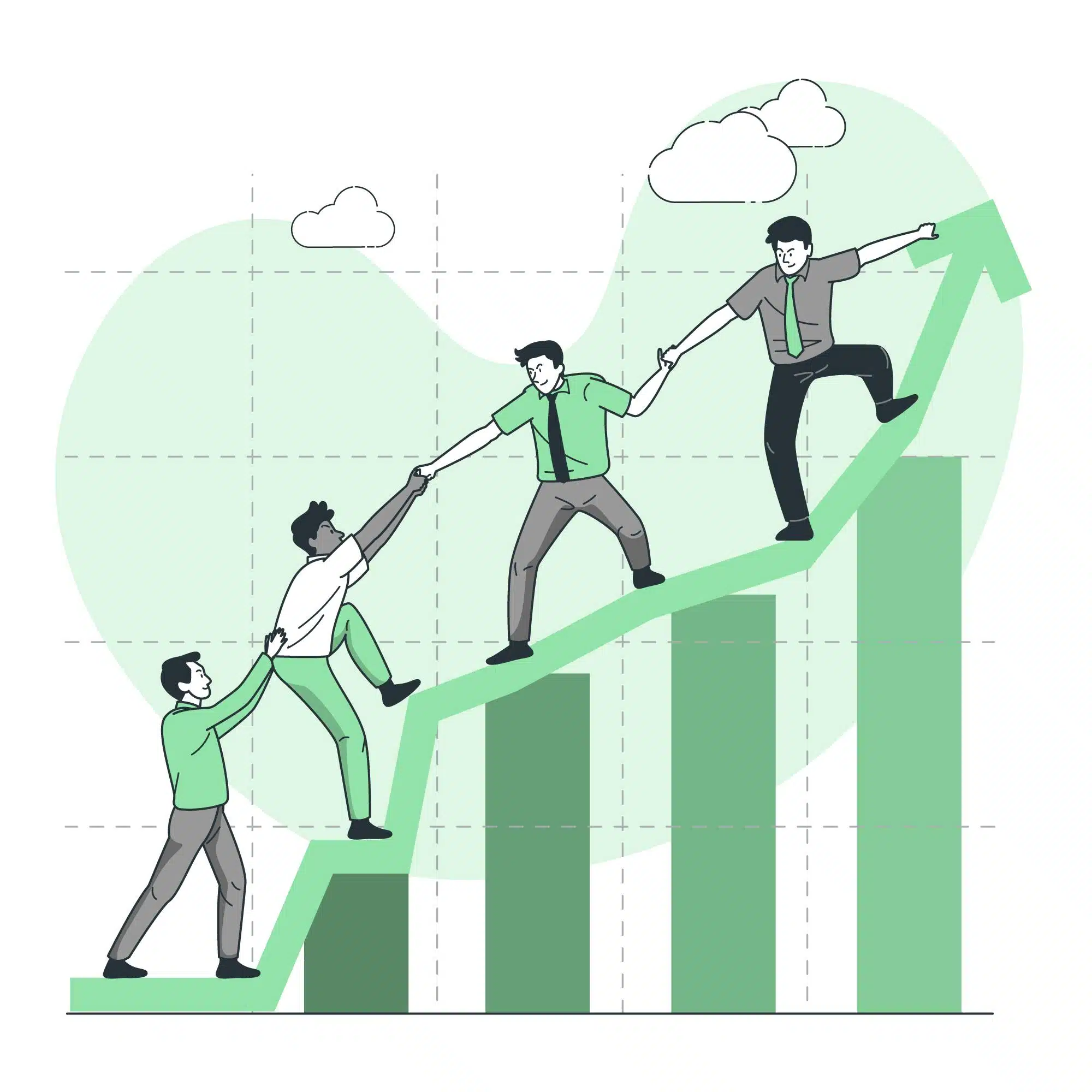 Vier Personen arbeiten zusammen, um auf einem nach oben zeigenden grünen Diagrammpfeil zu klettern, was Teamarbeit und Unterstützung symbolisiert.