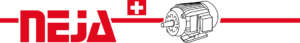 Neja-Logo mit rotem Schriftzug, Schweizer Kreuz und einer technischen Zeichnung eines Elektromotors.