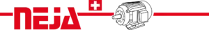 Neja-Logo mit rotem Schriftzug, Schweizer Kreuz und einer technischen Zeichnung eines Elektromotors.
