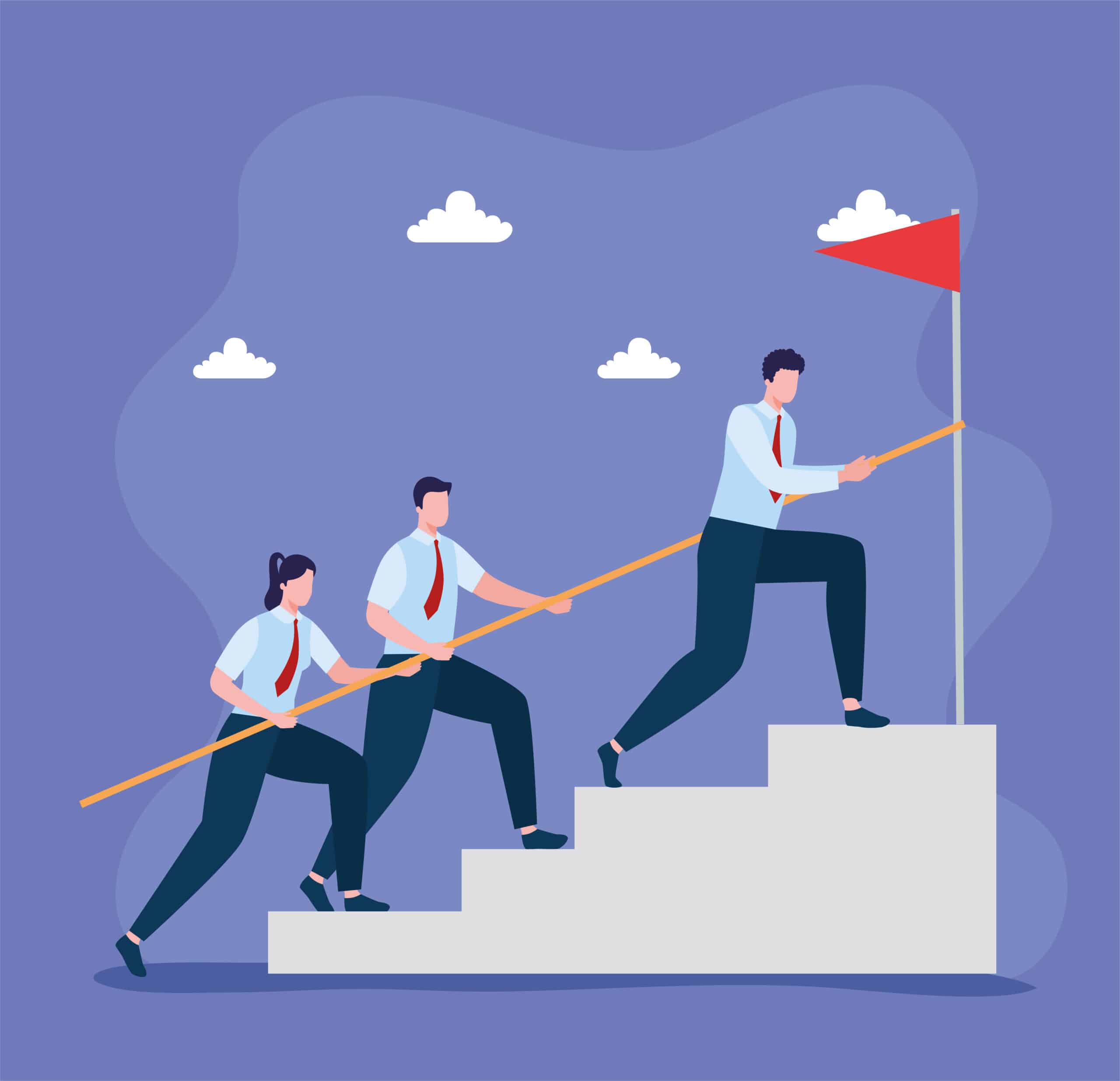 Drei Personen in formeller Kleidung arbeiten zusammen, um eine rote Flagge an der Spitze einer Treppe zu erreichen, symbolisiert Teamarbeit und Zielerreichung.