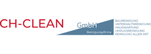 Logo der CH-Clean Reinigungsfirma mit rotem Schriftzug 'CH-Clean' und blauem Abschnitt mit dem Text 'Reinigungsfirma'.