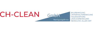 Logo der CH-Clean Reinigungsfirma mit rotem Schriftzug 'CH-Clean' und blauem Abschnitt mit dem Text 'Reinigungsfirma'.